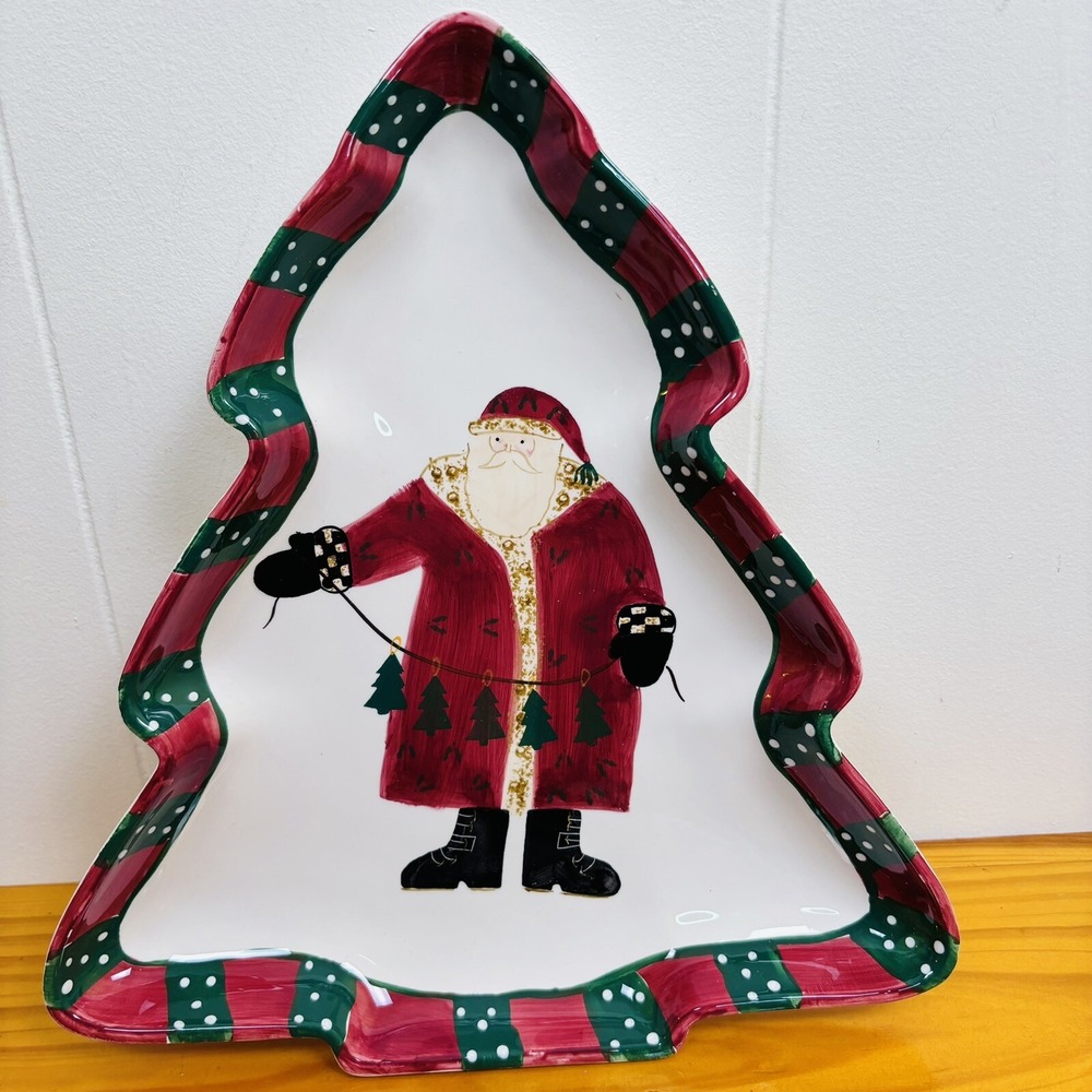 Debbie Mumm Sakura Hand Painted Tree Plate Platter Santa's Spirit Christmas